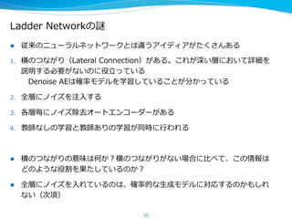 4.  Ladder  Networkの解析
22
•  半教師あり学習でLadder  Networkが現在最⾼高精度度を達成している
•  その後，ほぼ同じ精度度を階層的推論論ネットワークを使ったモデルも達成
•  Ladder  Networkはノイズ除去オートエンコーダー(DenoiseAE）と
教師あり学習を組みあわせる
各層毎のDenoiseAEによ
る教師なし学習
教師あり学習
各層毎にノイズを加える
横のつながりがあ
り、AEは詳細を説
明する必要はない
 