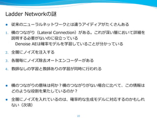 4.  Ladder  Networkの解析
22
•  半教師あり学習でLadder  Networkが現在最⾼高精度度を達成している
•  その後，ほぼ同じ精度度を階層的推論論ネットワークを使ったモデルも達成
•  Ladder  Netw...