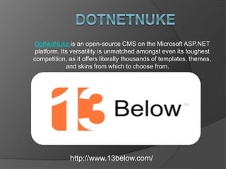 DotNetNuke is an open-source CMS on the Microsoft ASP.NET
platform. Its versatility is unmatched amongst even its toughest
competition, as it offers literally thousands of templates, themes,
and skins from which to choose from.
http://www.13below.com/
 