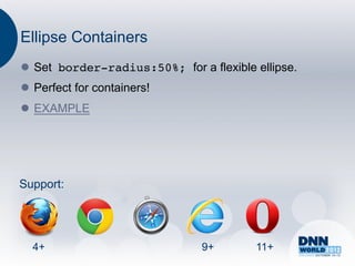 Ellipse Containers
l  Set border-radius:50%; for a flexible ellipse.
l  Perfect for containers!
l  EXAMPLE




Support:




  4+                            9+        11+
 