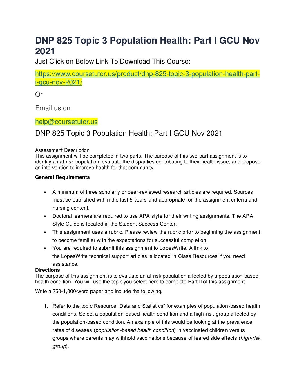 Dnp 825 topic 3 population health part i gcu nov 2021