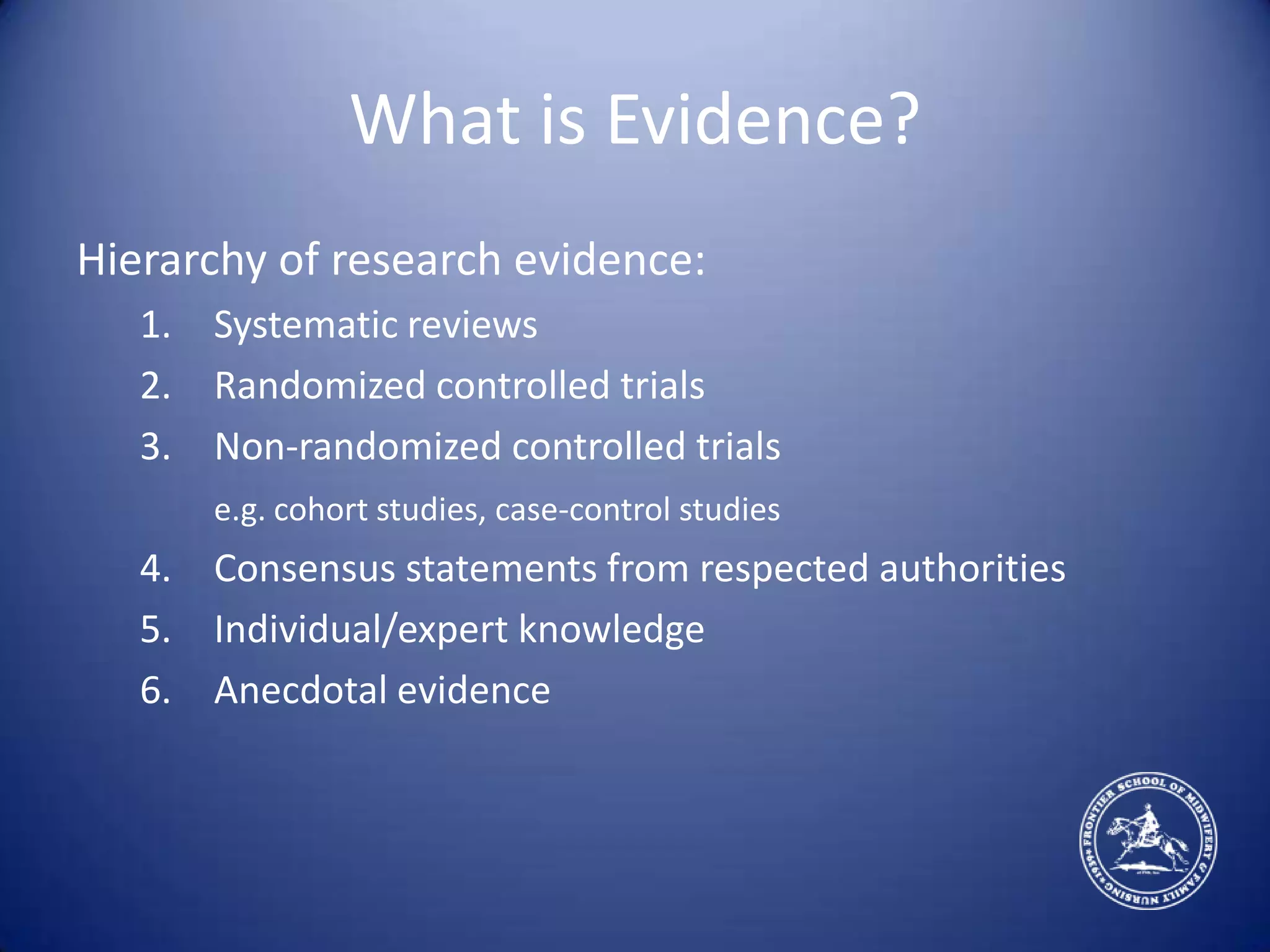 What is Evidence?Hierarchy of research evidence:Systematic reviewsRandomized controlled trialsNon-randomized controlled trials	e.g. cohort studies, case-control studiesConsensus statements from respected authoritiesIndividual/expert knowledgeAnecdotal evidence