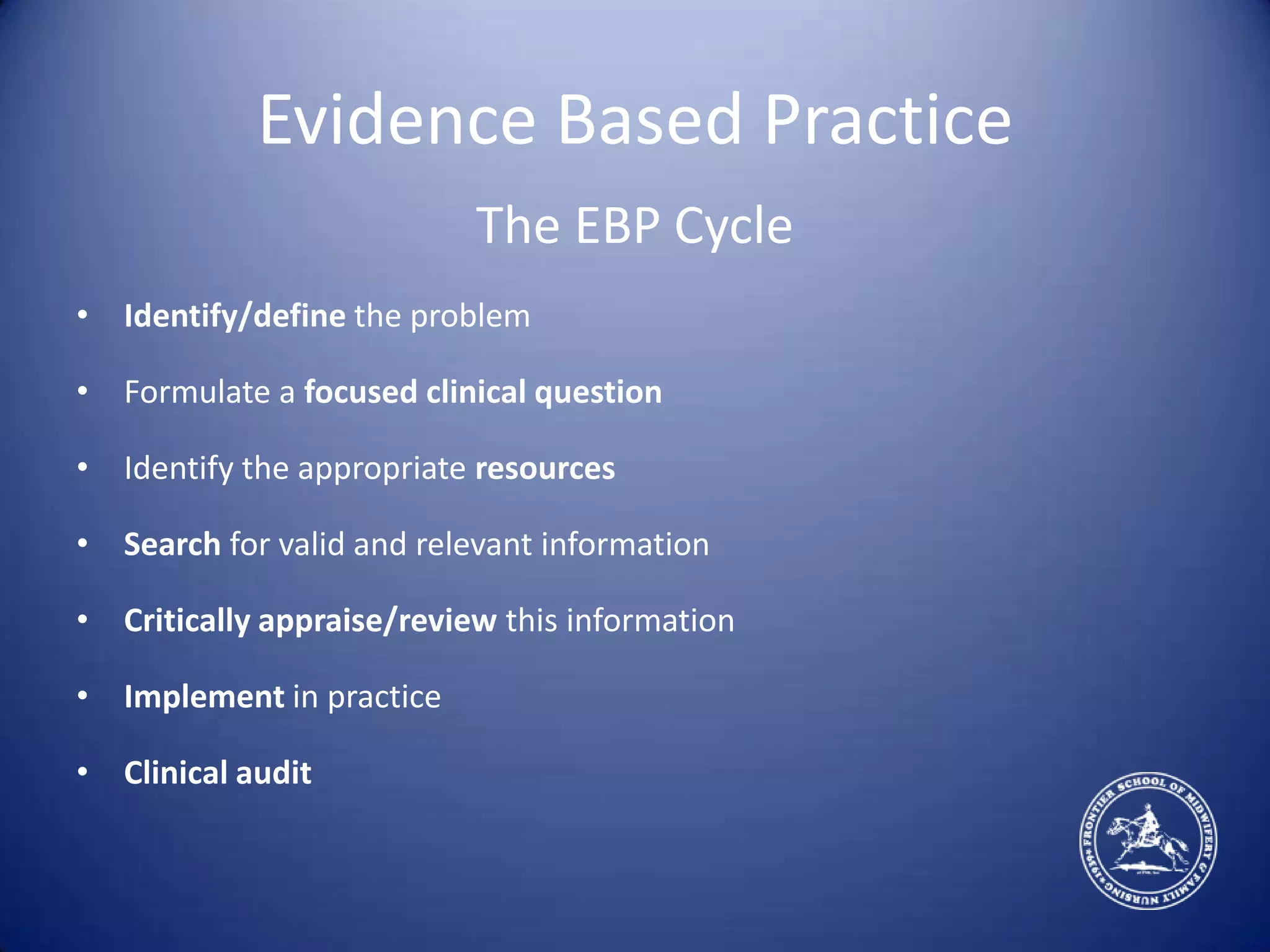 Evidence Based PracticeThe EBP CycleIdentify/define the problemFormulate a focused clinical questionIdentify the appropriate resourcesSearch for valid and relevant informationCritically appraise/review this informationImplement in practiceClinical audit