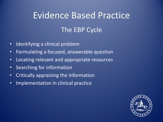 Evidence Based Practice
                       The EBP Cycle
•   Identifying a clinical problem
•   Formulating a focused, answerable question
•   Locating relevant and appropriate resources
•   Searching for information
•   Critically appraising the information
•   Implementation in clinical practice
 