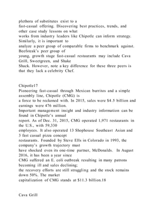 plethora of substitutes exist to a
fast-casual offering. Discovering best practices, trends, and
other case study lessons on what
works from industry leaders like Chipotle can inform strategy.
Similarly, it is important to
analyze a peer group of comparable firms to benchmark against.
Beefsteak’s peer group of
young, growth stage fast-casual restaurants may include Cava
Grill, Sweetgreen, and Shake
Shack. However, note a key difference for these three peers is
that they lack a celebrity Chef.
Chipotle17
Pioneering fast-casual through Mexican burritos and a simple
assembly line, Chipotle (CMG) is
a force to be reckoned with. In 2015, sales were $4.5 billion and
earnings were 476 million.
Important management insight and industry information can be
found in Chipotle’s annual
report. As of Dec. 31, 2015, CMG operated 1,971 restaurants in
the U.S., with 59,330
employees. It also operated 13 Shophouse Southeast Asian and
3 fast casual pizza concept
restaurants. Founded by Steve Ells in Colorado in 1993, the
company’s growth trajectory must
have shocked even its one-time partner, McDonalds. In August
2016, it has been a year since
CMG suffered an E. coli outbreak resulting in many patrons
becoming ill and sales declining;
the recovery efforts are still struggling and the stock remains
down 50%. The market
capitalization of CMG stands at $11.3 billion.18
Cava Grill
 