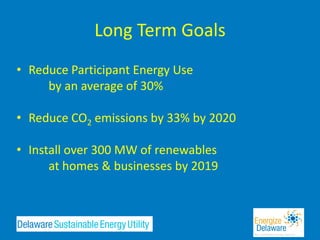 Long Term Goals
• Reduce Participant Energy Use
     by an average of 30%

• Reduce CO2 emissions by 33% by 2020

• Install over 300 MW of renewables
      at homes & businesses by 2019
 