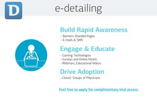 e-detailing
Feel free to apply for complimentary trial access.
Build Rapid Awareness
- Banners, Branded Pages
- E-mails & SMS
Engage & Educate
- Gaming Technologies
- Surveys and Online Panels
- Webinars, Educational Videos
Drive Adoption
- Closed Groups of Physicians
 