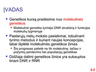ĮVADAS
 Genetikos kursą pradėsime nuo molekulinės
genetikos
 Molekulinė genetika tyrinėja DNR struktūrą ir funkcijas
molekulių lygmenyje
 Pastarųjų metų mokslo pasiekimai, tobulinant
tyrimo metodus ir kuriant naujas koncepcijas,
labai išplėtė molekulinės genetikos žinias
 Šis progresas palietė ne tik molekulinę, taču ir
požymių perdavimo bei populiacijų genetikas
 Didžiaja dalimi genetikos žinios yra sukauptos
tiriant DNR ir RNR
2-2
 