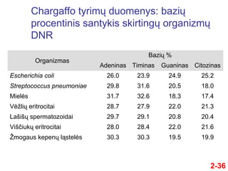 Chargaffo tyrimų duomenys: bazių
procentinis santykis skirtingų organizmų
DNR
Organizmas
Bazių %
Adeninas Timinas Guaninas Citozinas
Escherichia coli 26.0 23.9 24.9 25.2
Streptococcus pneumoniae 29.8 31.6 20.5 18.0
Mielės 31.7 32.6 18.3 17.4
Vėžlių eritrocitai 28.7 27.9 22.0 21.3
Lašišų spermatozoidai 29.7 29.1 20.8 20.4
Viščiukų eritrocitai 28.0 28.4 22.0 21.6
Žmogaus kepenų ląstelės 30.3 30.3 19.5 19.9
2-36
 