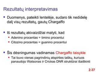 Rezultatų interpretavimas
2-37
 Duomenys, pateikti lentelėje, sudaro tik nedidelę
dalį visų rezultatų, gautų Chargaffo
 Iš rezultatų akivaizdžiai matyti, kad
 Adenino procentas = timino procentui
 Citozino procentas = guanino procentui
 Šis dėsningumas vadinamas Chargaffo taisykle
 Tai buvo vienas pagrindinių atspirties taškų, kuriuos
panaudojo Watsonas ir Crickas DNR struktūrai išaiškinti
 