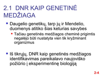 Daugelio genetikų, tarp jų ir Mendelio,
duomenys atitiko šias keturias savybes
 Taču genetinės medžiagos cheminė prigimtis
negalėjo būti nustatyta vien tik kryžminant
organizmus
 Iš tikrųjų, DNR kaip genetinės medžiagos
identifikavimas pareikalavo naujoviško
požiūrio į eksperimentinę biologiją
2-4
2.1 DNR KAIP GENETINĖ
MEDŽIAGA
 