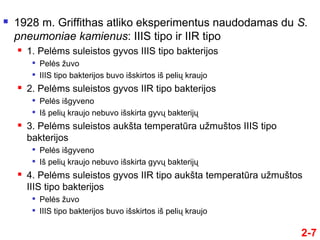 2-7
 1928 m. Griffithas atliko eksperimentus naudodamas du S.
pneumoniae kamienus: IIIS tipo ir IIR tipo
 1. Pelėms suleistos gyvos IIIS tipo bakterijos

Pelės žuvo

IIIS tipo bakterijos buvo išskirtos iš pelių kraujo
 2. Pelėms suleistos gyvos IIR tipo bakterijos

Pelės išgyveno

Iš pelių kraujo nebuvo išskirta gyvų bakterijų
 3. Pelėms suleistos aukšta temperatūra užmuštos IIIS tipo
bakterijos

Pelės išgyveno

Iš pelių kraujo nebuvo išskirta gyvų bakterijų
 4. Pelėms suleistos gyvos IIR tipo aukšta temperatūra užmuštos
IIIS tipo bakterijos

Pelės žuvo

IIIS tipo bakterijos buvo išskirtos iš pelių kraujo
 
