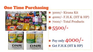 One Time Purchasing
⚫ 3000/- Kirana Kit
⚫ 4000/- F.H.K. (HT & HP)
⚫ 7000/- Total Products
⚫5500/-
⚫ Pay only 4000/-
⚫ Get F.H.K (HT & HP)
 