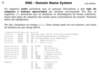 12                          DNS - Domain Name System                                Luiz Arthur

     Os registros HINFO permitem que as pessoas descubram a que tipo de
     máquina e sistema operacional um domínio corresponde. Por fim, os
     registros TXT permitem que os domínios se identifiquem de forma arbitrária.
     Esses dois tipos de registros são usados para conveniência do usuário. Nenhum
     deles são obrigatório.

     Por fim, chegamos ao campo Value. Esse campo pode ser um número, um nome
     de domínio ou um string ASCII.

     ; Authoritative data   for   cs.vu.nl
     cs.vu.nl.    86400     IN     SOA star boss (952771,7200,7200,2419200,86400)
     cs.vu.nl.    86400     IN     TXT “Divisão Wiskunde de Informática.”
     cs.vu.nl.    86400     IN     TXT “Universidade Vrije Amsterdam.”
     cs.vu.nl.    86400     IN     MX 1    zephyr.os.vu.nl.
     cs.vu.nl.    86400     IN     MX 2    top.cs.vu.nl.

     flits.cs.vu.nl   86400       IN   HINFO   Sun Unix
     flits.cs.vu.nl   86400       IN   A       130.37.16.112
     flits.cs.vu.nl   86400       IN   A       192.31.231.165
     flits.cs.vu.nl   86400       IN   MX      1 flits.cs.vu.nl.
     flits.cs.vu.nl   86400       IN   MX      2 zephyr.os.vu.nl.
     www.cs.vu.nl     86400       IN   CNAME   star.os.nu.nl.
     fto.cs.vu.nl     86400       IN   CNAME   zephyr.os.vu.nl.

     Rowboat                      IN   A       130.37.56.201
                                  IN   MX      1 rowboat
                                  IN   MX      2 zephyr
                                  IN   HINFO   Sun Unix
                                                     
 