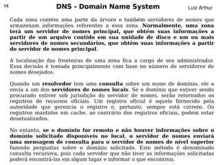14                     DNS - Domain Name System                           Luiz Arthur

     Cada zona contém uma parte da árvore e também servidores de nomes que
     armazenam informações referentes a essa zona. Normalmente, uma zona
     terá um servidor de nomes principal, que obtém suas informações a
     partir de um arquivo contido em sua unidade de disco e um ou mais
     servidores de nomes secundários, que obtêm suas informações a partir
     do servidor de nomes principal.

     A localização das fronteiras de uma zona fica a cargo de seu administrador.
     Essa decisão é tomada principalmente com base no número de servidores de
     nomes desejados.

     Quando um resolvedor tem uma consulta sobre um nome de domínio, ele a
     envia a um dos servidores de nomes locais. Se o domínio que estiver sendo
     procurado estiver sob jurisdição do servidor de nomes, serão retornados os
     registros de recursos oficiais. Um registro oficial é aquele fornecido pela
     autoridade que gerencia o registro e, portanto, sempre está correto. Os
     registros mantidos em cache, ao contrário dos registros oficiais, podem estar
     desatualizados.

     No entanto, se o domínio for remoto e não houver informações sobre o
     domínio solicitado disponíveis no local, o servidor de nomes enviará
     uma mensagem de consulta para o servidor de nomes de nível superior
     fazendo perguntas sobre o domínio solicitado. Este método é denominado
     consulta recursiva, pois cada servidor  que não tiver as informações solicitadas
       
     poderá encontrá-las em algum lugar e informar o que encontrou.
 