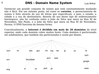 5                    DNS - Domain Name System                                 Luiz Arthur

    Gerenciar um grande conjunto de nomes que está constantemente mudando
    não é fácil. Em um sistema posta, tal como os correios, o gerenciamento de
    nomes é feito através do uso de letras que especificam, o pais, o estado, a
    cidade e a rua do destinatário. Através do uso desse tipo de endereçamento
    hierárquico, não há confusão entre o João da Silva que mora na Rua XI de
    Novembro, São Paulo, e o João da Silva que mora na Rua XI de Novembro,
    Parana. O DNS funciona da mesma forma.

    Conceitualmente, a Internet é dividida em mais de 20 domínios de nível
    superior, onde cada domínio cobre muitos hosts. Cada domínio é particionado
    em subdomínios, que também são particionados e assim por diante.




        com   int           edu       gov    mil    org      net   jp   us     br

                                                                              com
                                               acm          ieee
        sun              faculdade
                                                                             google


                    si               cs     jack     jill                     www
        eng
 