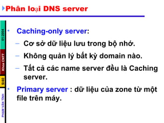 Phân loại DNS server Caching-only server :  Cơ sở dữ liệu lưu trong bộ nhớ.  Không quản lý bất kỳ domain nào. Tất cả các name server đều là Caching server. Primary server  : dữ liệu của zone từ một file trên máy.  