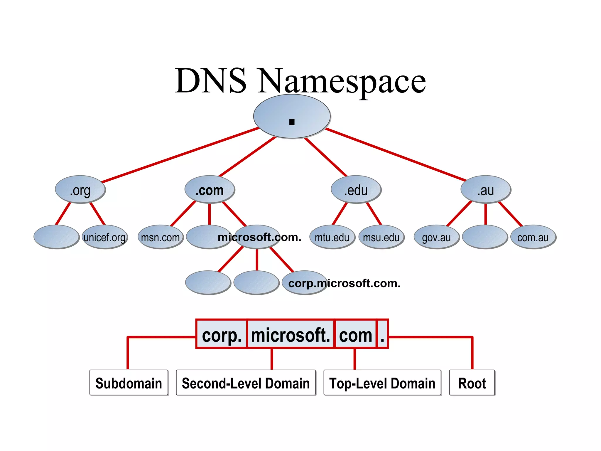 DNS Namespace . msn.com .com corp.microsoft.com. microsoft.com. mtu.edu .edu msu.edu .org unicef.org gov.au .au com.au Subdomain Second-Level Domain Top-Level Domain Root corp. microsoft. com . 