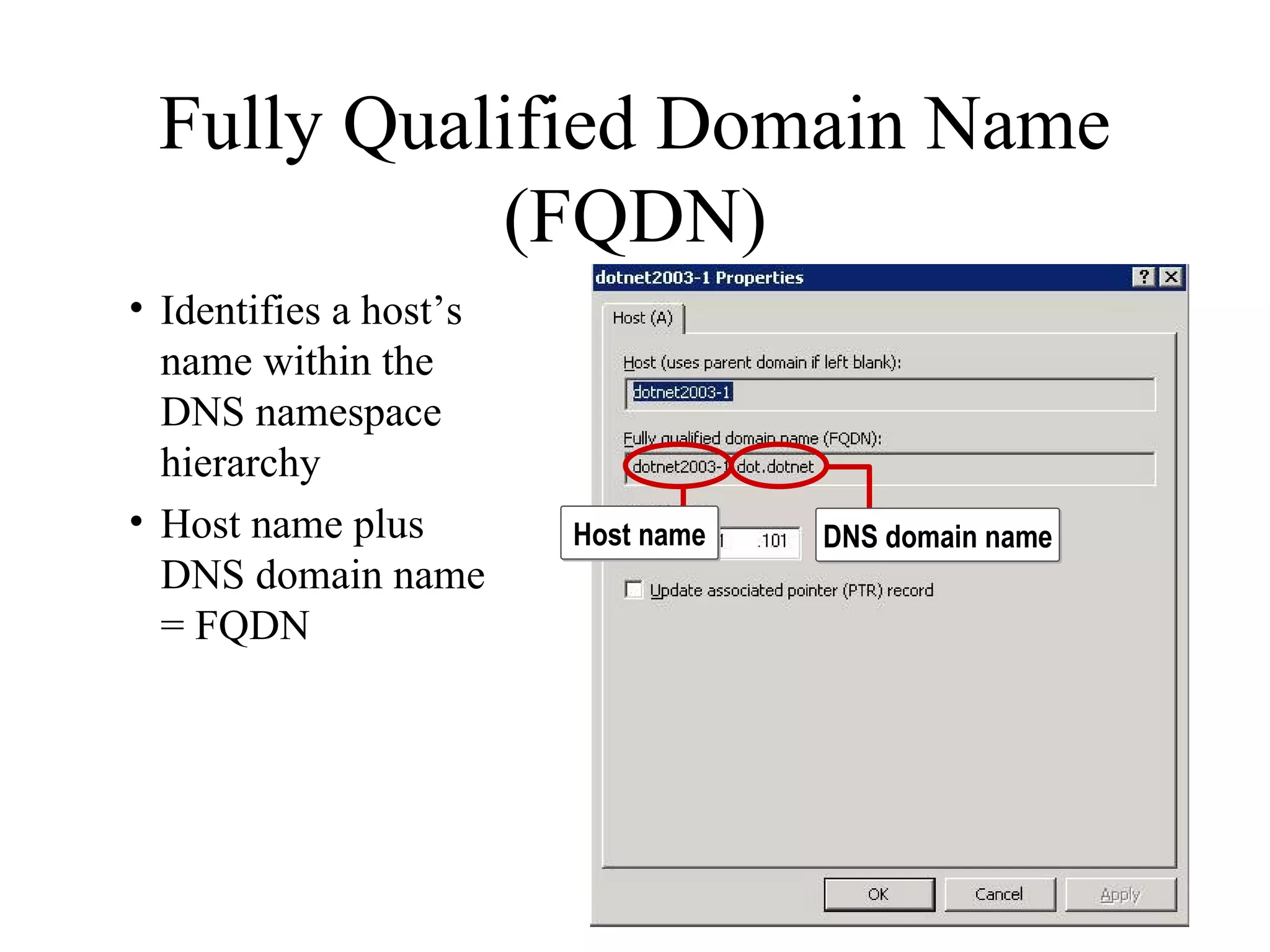 Fully Qualified Domain Name (FQDN) Identifies a host’s name within the DNS namespace hierarchy Host name plus DNS domain name = FQDN Host name DNS domain name 