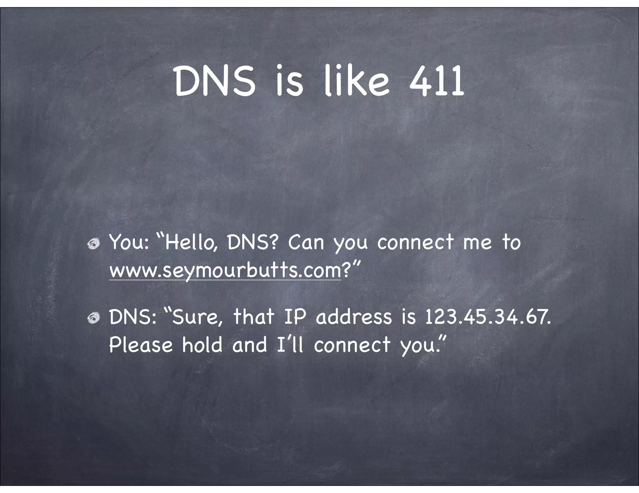 DNS is like 411


You: “Hello, DNS? Can you connect me to
www.seymourbutts.com?”

DNS: “Sure, that IP address is 123.45.34.67.
Please hold and I’ll connect you.”
 