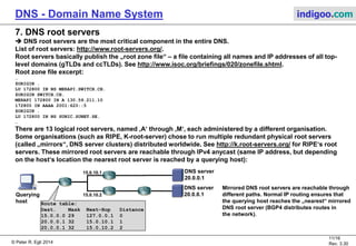 © Peter R. Egli 2015
11/17
Rev. 3.60
DNS - Domain Name System indigoo.com
6. DNS Resource Record
A DNS record contains the information queried for (value field) in the question plus additional
information on the record (TTL, class, type of record).
domain_name: Domain name
TTL: Defines how long the RR may be cached
before authoritative server should be queried
again (usually TTL = 1 or 2 days).
class: “IN” für Internet (DNS supports also other
classes such SNA, DECbit etc.)
type: Kind of record.
SOA: Start Of Authority Zone admin info (primary name server name etc.).
A: Address Host IP address.
NS: Name Server Authoritative name server.
CNAME: Canonical NAME Canonical name for an alias.
PTR: PoinTer Record Pointer (IPname).
HINFO: Host INFO Host info (host / server's type of CPU/OS).
MX: Mail eXchange record Name of host of zone that can accept mail.
xyz Many other types of lesser use.
value: Mapping/binding (IP address for A type).
 