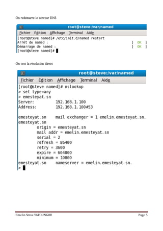 On redémarre le serveur DNS




On test la résolution direct




Emelin Steve YATOUNGOU         Page 5
 