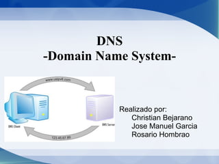 DNS
-Domain Name System-
Realizado por:
Christian Bejarano
Jose Manuel Garcia
Rosario Hombrao
 