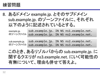 練習問題
8. dig コマンドを用いて、あるキャッシュサーバにあ
る RRset がキャッシュされているか否か、確認す
る方法を説明せよ。
9. キャッシュされている RRset の TTL が減っていく
様子を確認せよ。

12

 