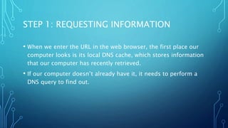 STEP 1: REQUESTING INFORMATION 
• When we enter the URL in the web browser, the first place our 
computer looks is its local DNS cache, which stores information 
that our computer has recently retrieved. 
• If our computer doesn’t already have it, it needs to perform a 
DNS query to find out. 
 