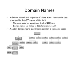 Domain Names
• A domain name is the sequence of labels from a node to the root,
separated by dots (“.”s), read left to right
– The name space has a maximum depth of 127 levels
– Domain names are limited to 255 characters in length
• A node’s domain name identifies its position in the name space
dakota
west
tornado
east www
nominum metainfo
com
berkeley nwu
edu gov
nato
int
army
mil
uu
net org
""
 