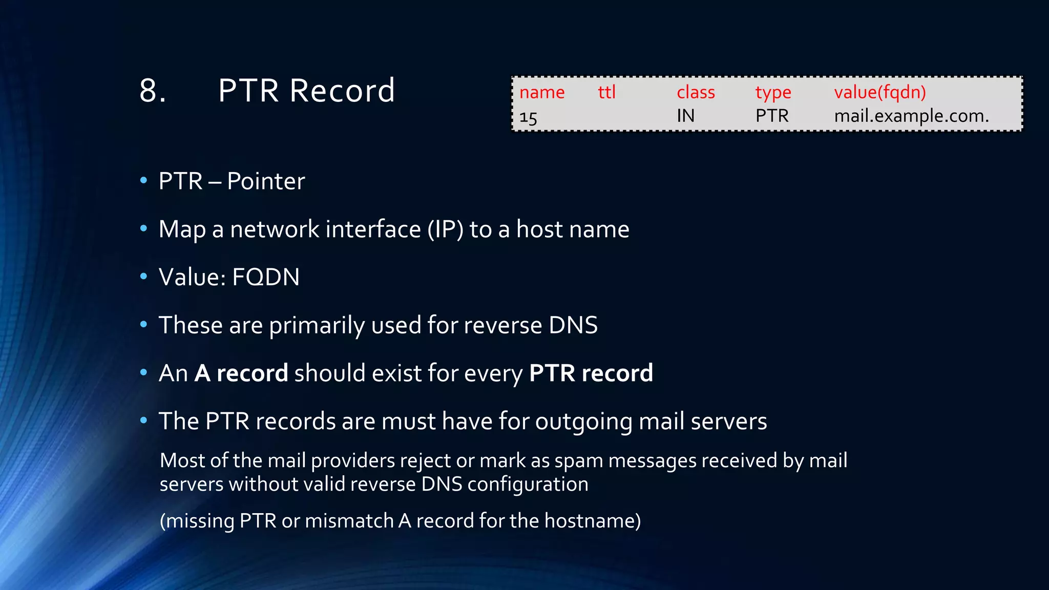 8. PTR Record
• PTR – Pointer
• Map a network interface (IP) to a host name
• Value: FQDN
• These are primarily used for reverse DNS
• An A record should exist for every PTR record
• The PTR records are must have for outgoing mail servers
Most of the mail providers reject or mark as spam messages received by mail
servers without valid reverse DNS configuration
(missing PTR or mismatch A record for the hostname)
name ttl class type value(fqdn)
15 IN PTR mail.example.com.
 