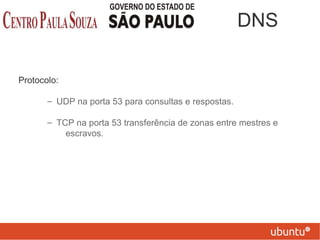 Protocolo:
– UDP na porta 53 para consultas e respostas.
– TCP na porta 53 transferência de zonas entre mestres e
escravos.
DNS
 