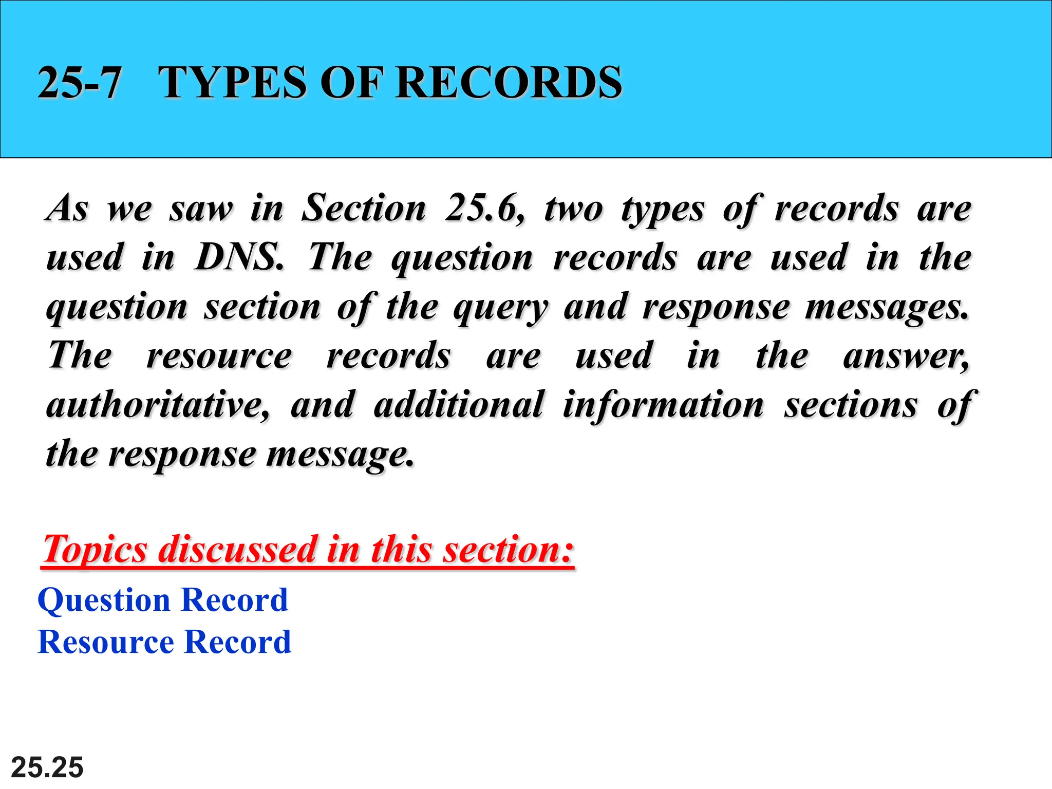 25.25
25-7 TYPES OF RECORDS
As we saw in Section 25.6, two types of records are
used in DNS. The question records are used in the
question section of the query and response messages.
The resource records are used in the answer,
authoritative, and additional information sections of
the response message.
Question Record
Resource Record
Topics discussed in this section:
 