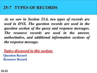 25.25
25-7 TYPES OF RECORDS
As we saw in Section 25.6, two types of records are
used in DNS. The question records are used in the
question section of the query and response messages.
The resource records are used in the answer,
authoritative, and additional information sections of
the response message.
Question Record
Resource Record
Topics discussed in this section:
 