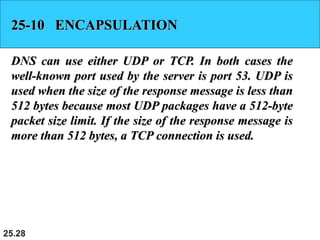 25.28
25-10 ENCAPSULATION
DNS can use either UDP or TCP. In both cases the
well-known port used by the server is port 53. UDP is
used when the size of the response message is less than
512 bytes because most UDP packages have a 512-byte
packet size limit. If the size of the response message is
more than 512 bytes, a TCP connection is used.
 