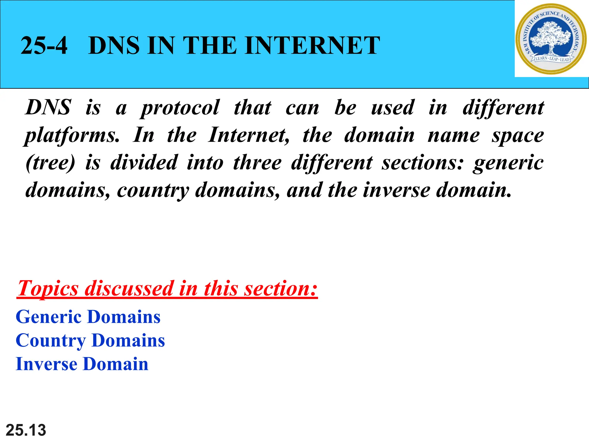25.13
25-4 DNS IN THE INTERNET
DNS is a protocol that can be used in different
platforms. In the Internet, the domain name space
(tree) is divided into three different sections: generic
domains, country domains, and the inverse domain.
Generic Domains
Country Domains
Inverse Domain
Topics discussed in this section:
 