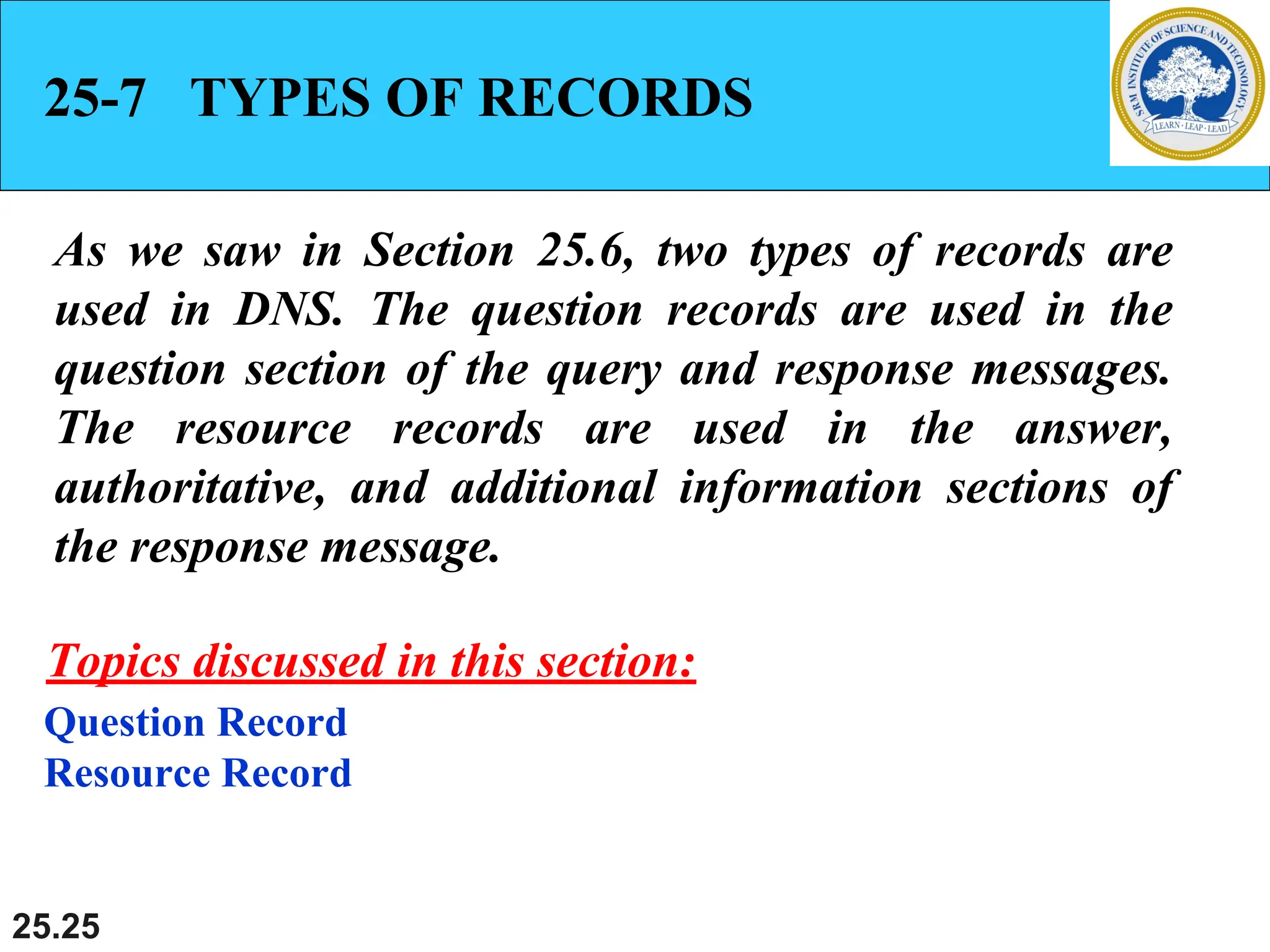25.25
25-7 TYPES OF RECORDS
As we saw in Section 25.6, two types of records are
used in DNS. The question records are used in the
question section of the query and response messages.
The resource records are used in the answer,
authoritative, and additional information sections of
the response message.
Question Record
Resource Record
Topics discussed in this section:
 