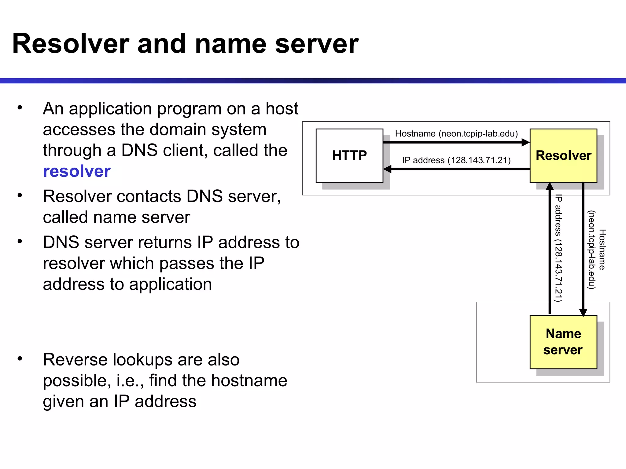 Resolver and name server An application program on a host accesses the domain system through a DNS client, called the  resolver Resolver contacts DNS server, called name server  DNS server returns IP address to resolver which passes the IP address to application Reverse lookups are also possible, i.e., find the hostname given an IP address 