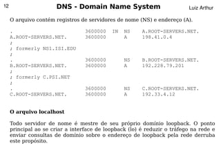 12                     DNS - Domain Name System                           Luiz Arthur

     O arquivo contém registros de servidores de nome (NS) e endereço (A).

     .                            3600000       IN   NS   A.ROOT-SERVERS.NET.
     A.ROOT-SERVERS.NET.          3600000            A    198.41.0.4
     ;
     ; formerly NS1.ISI.EDU
     ;
     .                            3600000            NS   B.ROOT-SERVERS.NET.
     B.ROOT-SERVERS.NET.          3600000            A    192.228.79.201
     ;
     ; formerly C.PSI.NET
     ;
     .                            3600000            NS   C.ROOT-SERVERS.NET.
     C.ROOT-SERVERS.NET.          3600000            A    192.33.4.12


     O arquivo localhost

     Todo servidor de nome é mestre de seu próprio domínio loopback. O ponto
     principal ao se criar a interface de loopback (lo) é reduzir o tráfego na rede e
     enviar consultas de domínio sobre o endereço de loopback pela rede derruba
     este propósito.

                                             
 