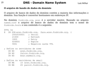 21                   DNS - Domain Name System                       Luiz Arthur

     O arquivo de bando de dados do domínio

     O arquivo de banco de dados do domínio contém a maioria das informações e
     domínio. Sua função é converter hostnames em endereços IP.

     No domínio foobirds.org, wren é o servidor mestre. Baseado no arquivo
     named.conf o arquivo de banco de dados de domínio tem o nome de
     foobirds.hosts e seu conteúdo é o seguinte:

     $TTL 1w
     @ IN SOA wren.foobirds.org. Sara.wren.foobirds.org. (
            2002030601  ; Serial
            21600       ; Refresh
            1800        ; Retry
            604800      ; Expire
            900)        ; Negative cache TTL

     ; Define os servidores de nome
        IN NS     wren.foobirds.org.
        IN NS     falcon.foobirds.org.
        IN NS     bear.mammals.org.

     ; Define os servidores de email
        IN MX                          
                  10 wren.foobirds.org.
        IN MX     20 parrot.foobirds.org.
 