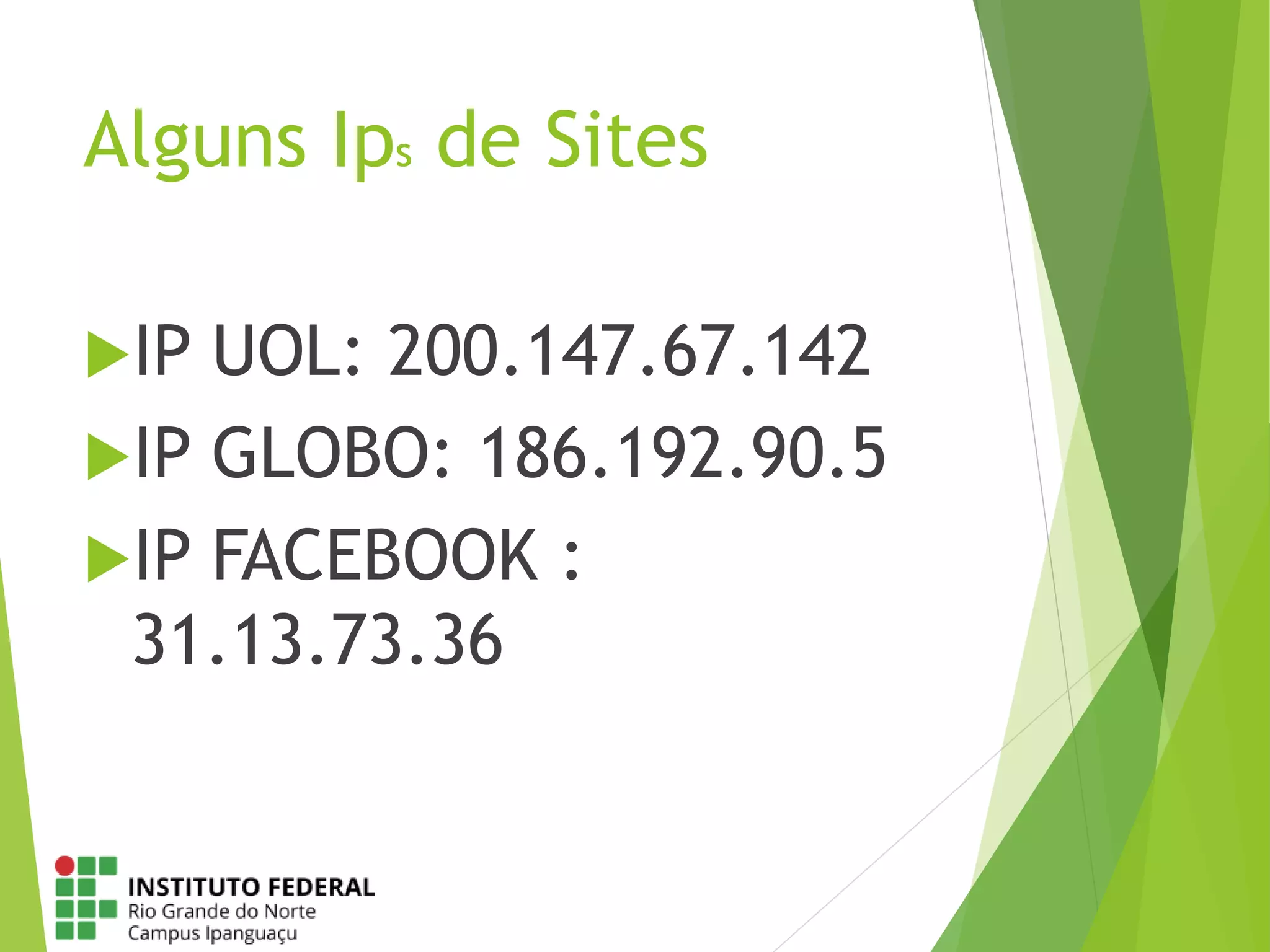 Alguns Ips de Sites
IP UOL: 200.147.67.142
IP GLOBO: 186.192.90.5
IP FACEBOOK :
31.13.73.36
 