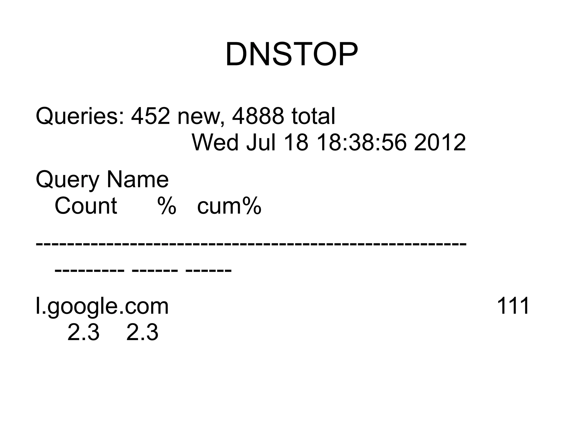 DNSTOP
Queries: 452 new, 4888 total
              Wed Jul 18 18:38:56 2012
Query Name
 Count   % cum%
-------------------------------------------------------
  --------- ------ ------
l.google.com                                              111
    2.3 2.3
1.nfps.bz                                                 83
 