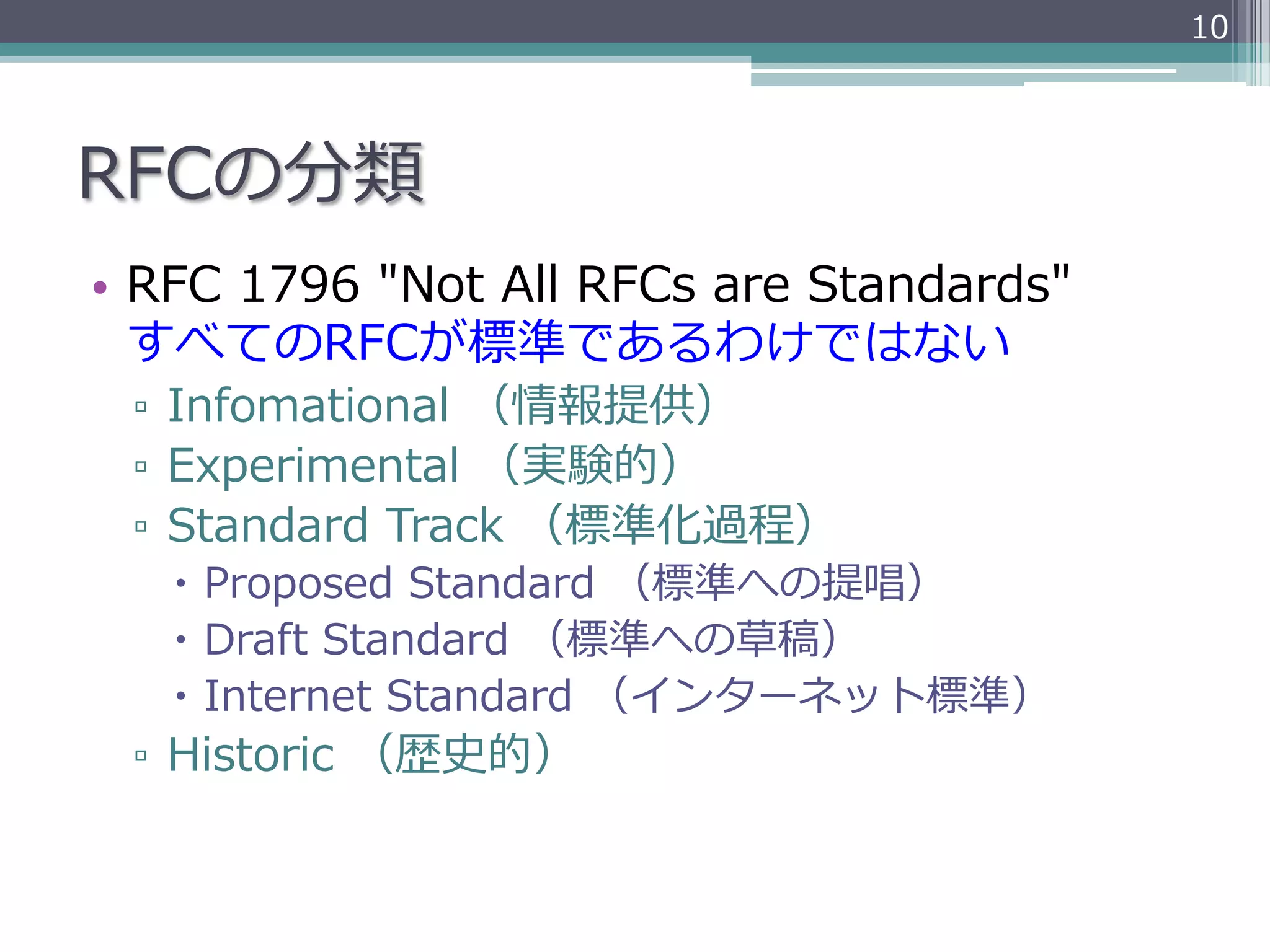 10




RFCの分類
•  RFC  1796  "Not  All  RFCs  are  Standards"
   すべてのRFCが標準であるわけではない
 ▫  Infomational  （情報提供）
 ▫  Experimental  （実験的）
 ▫  Standard  Track  （標準化過程）
   –  Proposed  Standard  （標準への提唱）
   –  Draft  Standard  （標準への草稿）
   –  Internet  Standard  （インターネット標準）
 ▫  Historic  （歴史的）
 