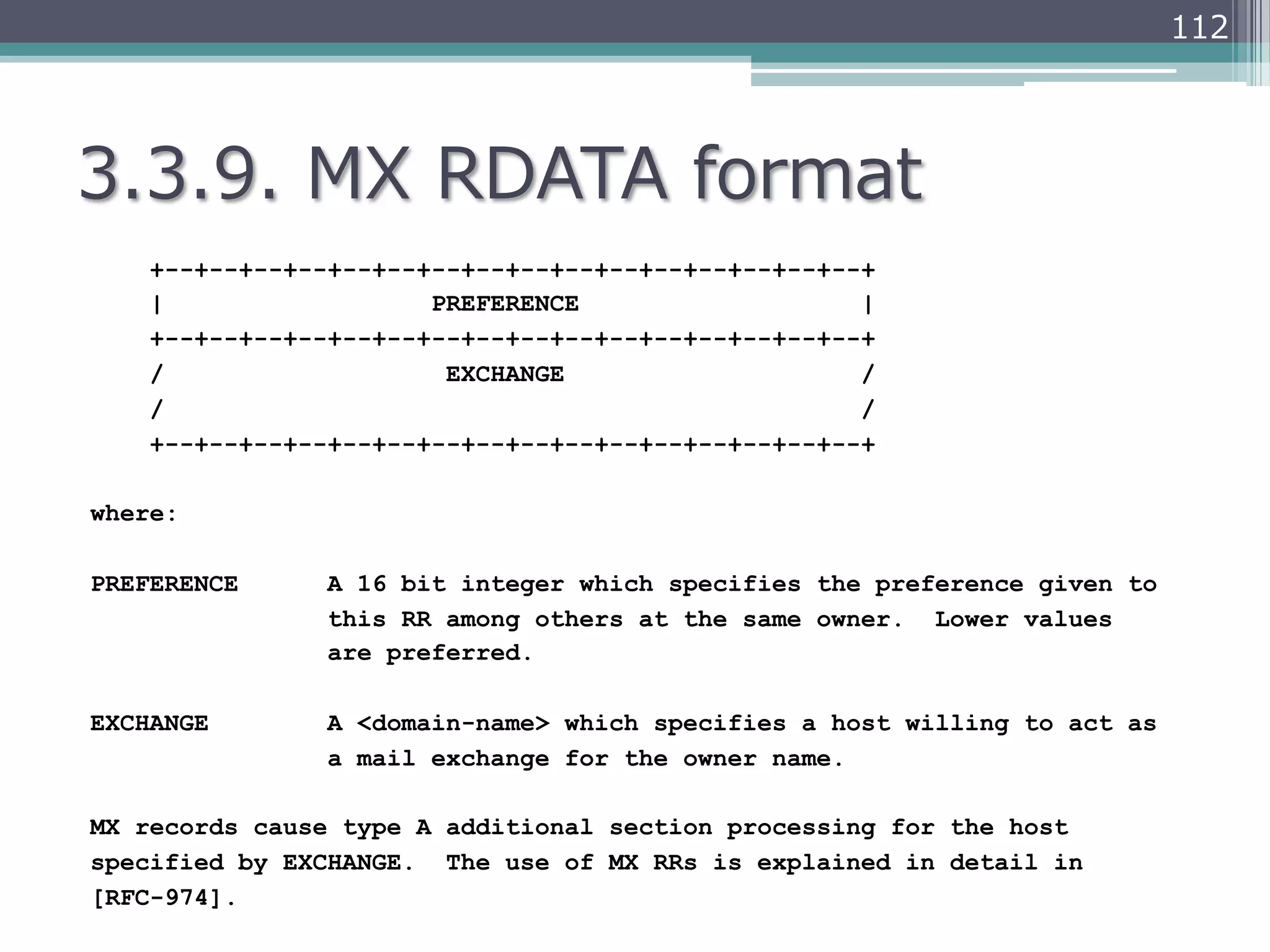 112




3.3.9.  MX  RDATA  format
    +--+--+--+--+--+--+--+--+--+--+--+--+--+--+--+--+
    |                  PREFERENCE                   |
    +--+--+--+--+--+--+--+--+--+--+--+--+--+--+--+--+
    /                   EXCHANGE                    /
    /                                               /
    +--+--+--+--+--+--+--+--+--+--+--+--+--+--+--+--+

where:

PREFERENCE      A 16 bit integer which specifies the preference given to
                this RR among others at the same owner. Lower values
                are preferred.

EXCHANGE        A <domain-name> which specifies a host willing to act as
                a mail exchange for the owner name.

MX records cause type A additional section processing for the host
specified by EXCHANGE. The use of MX RRs is explained in detail in
[RFC-974].
 