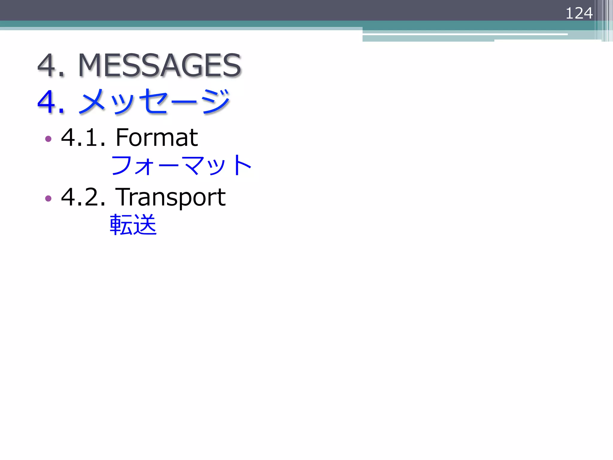 124


4.  MESSAGES
4.  メッセージ
•  4.1.  Format
               フォーマット
•  4.2.  Transport
               転送
 