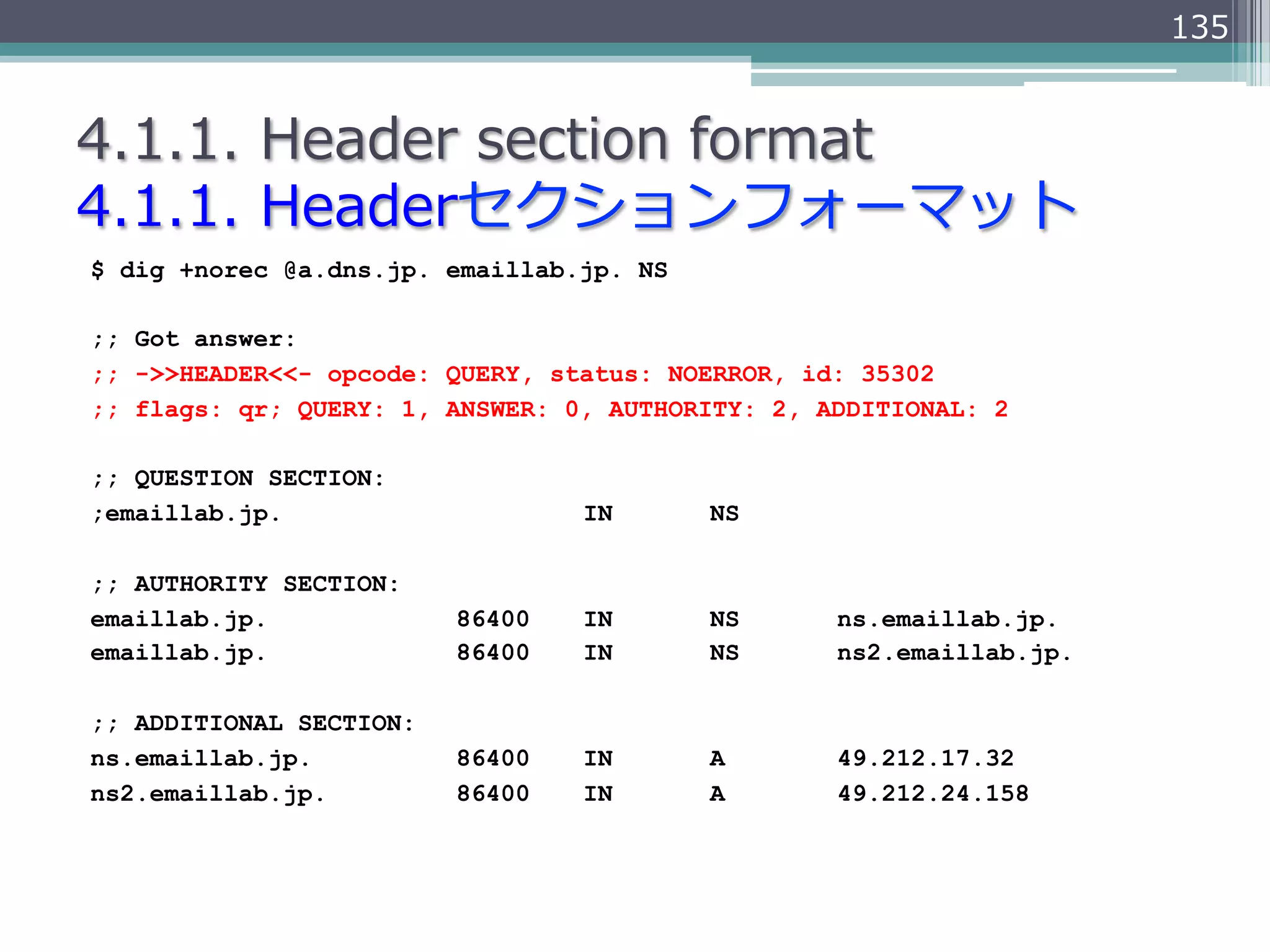 135


4.1.1.  Header  section  format
4.1.1.  Headerセクションフォーマット
$ dig +norec @a.dns.jp. emaillab.jp. NS

;; Got answer:
;; ->>HEADER<<- opcode: QUERY, status: NOERROR, id: 35302
;; flags: qr; QUERY: 1, ANSWER: 0, AUTHORITY: 2, ADDITIONAL: 2

;; QUESTION SECTION:
;emaillab.jp.                    IN       NS

;; AUTHORITY SECTION:
emaillab.jp.             86400   IN       NS      ns.emaillab.jp.
emaillab.jp.             86400   IN       NS      ns2.emaillab.jp.

;; ADDITIONAL SECTION:
ns.emaillab.jp.          86400   IN       A       49.212.17.32
ns2.emaillab.jp.         86400   IN       A       49.212.24.158
 