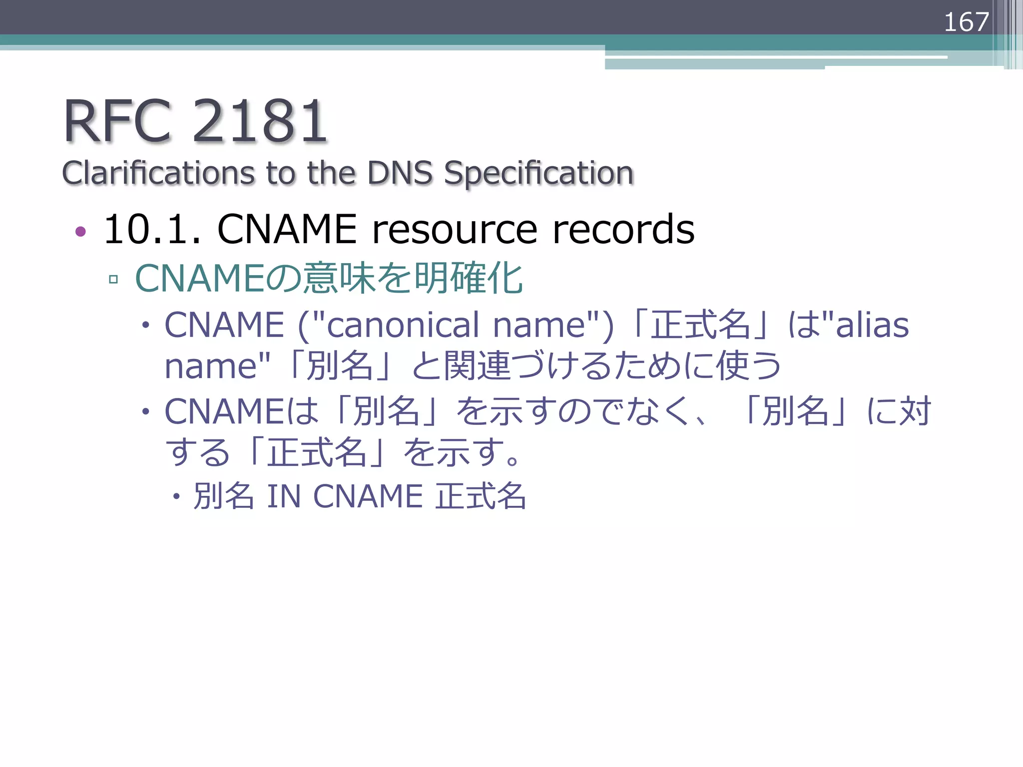 167



RFC  2181
Clariﬁcations  to  the  DNS  Speciﬁcation
•  10.1.  CNAME  resource  records
   ▫  CNAMEの意味を明確化
     –  CNAME  ("canonical  name")「正式名」は"alias  
         name"「別名」と関連づけるために使う
     –  CNAMEは「別名」を⽰示すのでなく、「別名」に対
         する「正式名」を⽰示す。
       –  別名  IN  CNAME  正式名
 