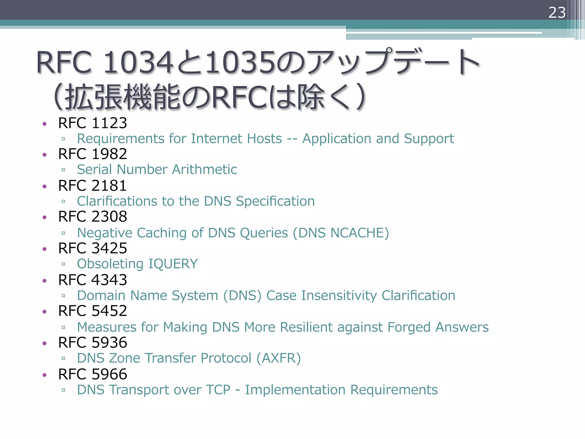 23


RFC  1034と1035のアップデート
（拡張機能のRFCは除く）
•  RFC  1123
  ▫  Requirements  for  Internet  Hosts  -‐‑‒-‐‑‒  Application  and  Support
•  RFC  1982
  ▫  Serial  Number  Arithmetic
•  RFC  2181
  ▫  Clariﬁcations  to  the  DNS  Speciﬁcation
•  RFC  2308
  ▫  Negative  Caching  of  DNS  Queries  (DNS  NCACHE)
•  RFC  3425
  ▫  Obsoleting  IQUERY
•  RFC  4343
  ▫  Domain  Name  System  (DNS)  Case  Insensitivity  Clariﬁcation
•  RFC  5452
  ▫  Measures  for  Making  DNS  More  Resilient  against  Forged  Answers
•  RFC  5936
  ▫  DNS  Zone  Transfer  Protocol  (AXFR)
•  RFC  5966
  ▫  DNS  Transport  over  TCP  -‐‑‒  Implementation  Requirements
 