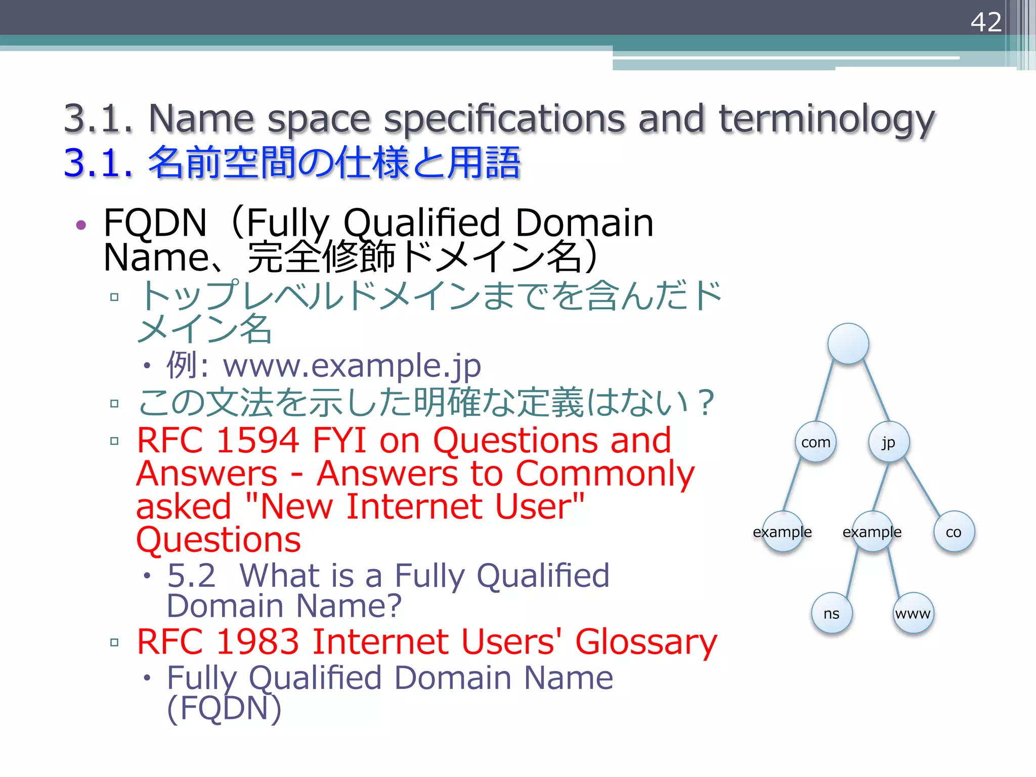 42


3.1.  Name  space  speciﬁcations  and  terminology
3.1.  名前空間の仕様と⽤用語
•  FQDN（Fully  Qualiﬁed  Domain  
   Name、完全修飾ドメイン名）
  ▫  トップレベルドメインまでを含んだド
     メイン名
    –  例例:  www.example.jp
  ▫  この⽂文法を⽰示した明確な定義はない？
  ▫  RFC  1594  FYI  on  Questions  and              com           jp

     Answers  -‐‑‒  Answers  to  Commonly  
     asked  "New  Internet  User"  
     Questions                                  example        example     co


    –  5.2    What  is  a  Fully  Qualiﬁed  
        Domain  Name?                                     ns         www

  ▫  RFC  1983  Internet  Users'  Glossary
    –  Fully  Qualiﬁed  Domain  Name  
        (FQDN)
 