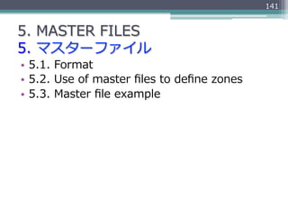 141


5.  MASTER  FILES
5.  マスターファイル
•  5.1.  Format
•  5.2.  Use  of  master  ﬁles  to  deﬁne  zones
•  5.3.  Master  ﬁle...
